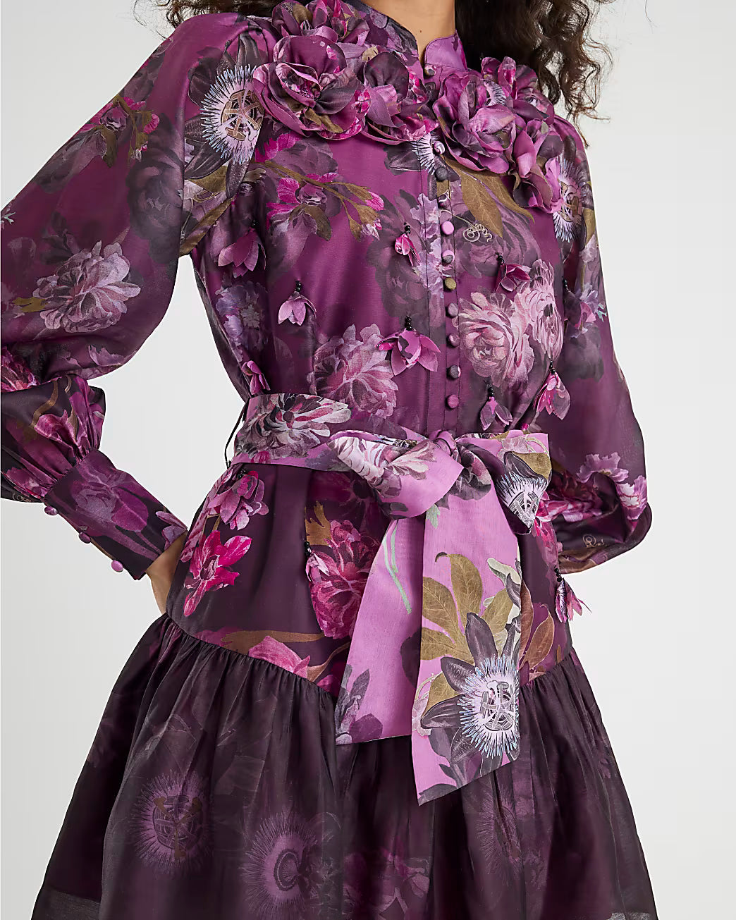 Purple 3D Floral Belted Mini Dress