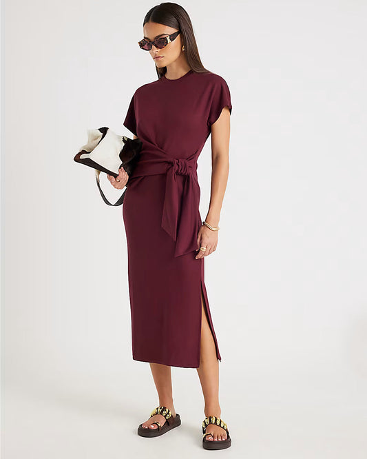 Red Premium Short Sleeve Knot Midi Dress